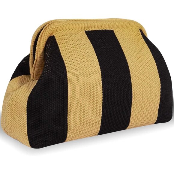 🆕Women Brown Black Crochet Striped Summer Beach Clutch Dumpling Handbag Wallet - Picture 1 of 7